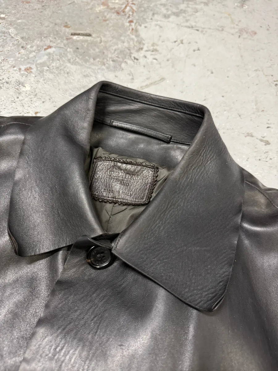 FW1996 Prada Long Black Eroded Leather Jacket RKFEKPQ 12