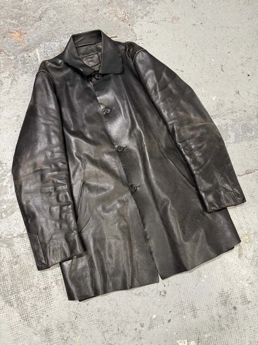 FW1996 Prada Long Black Eroded Leather Jacket RKFEKPQ 13