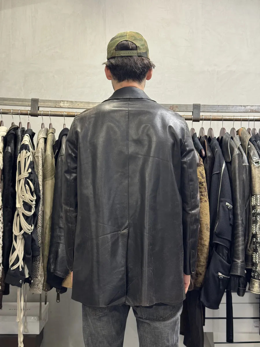 FW1996 Prada Long Black Eroded Leather Jacket RKFEKPQ 2