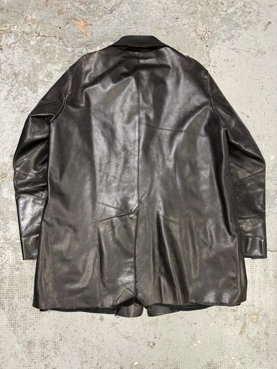 FW1996 Prada Long Black Eroded Leather Jacket RKFEKPQ 3