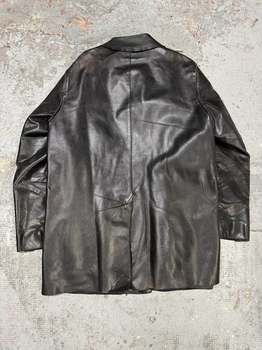 FW1996 Prada Long Black Eroded Leather Jacket RKFEKPQ 5