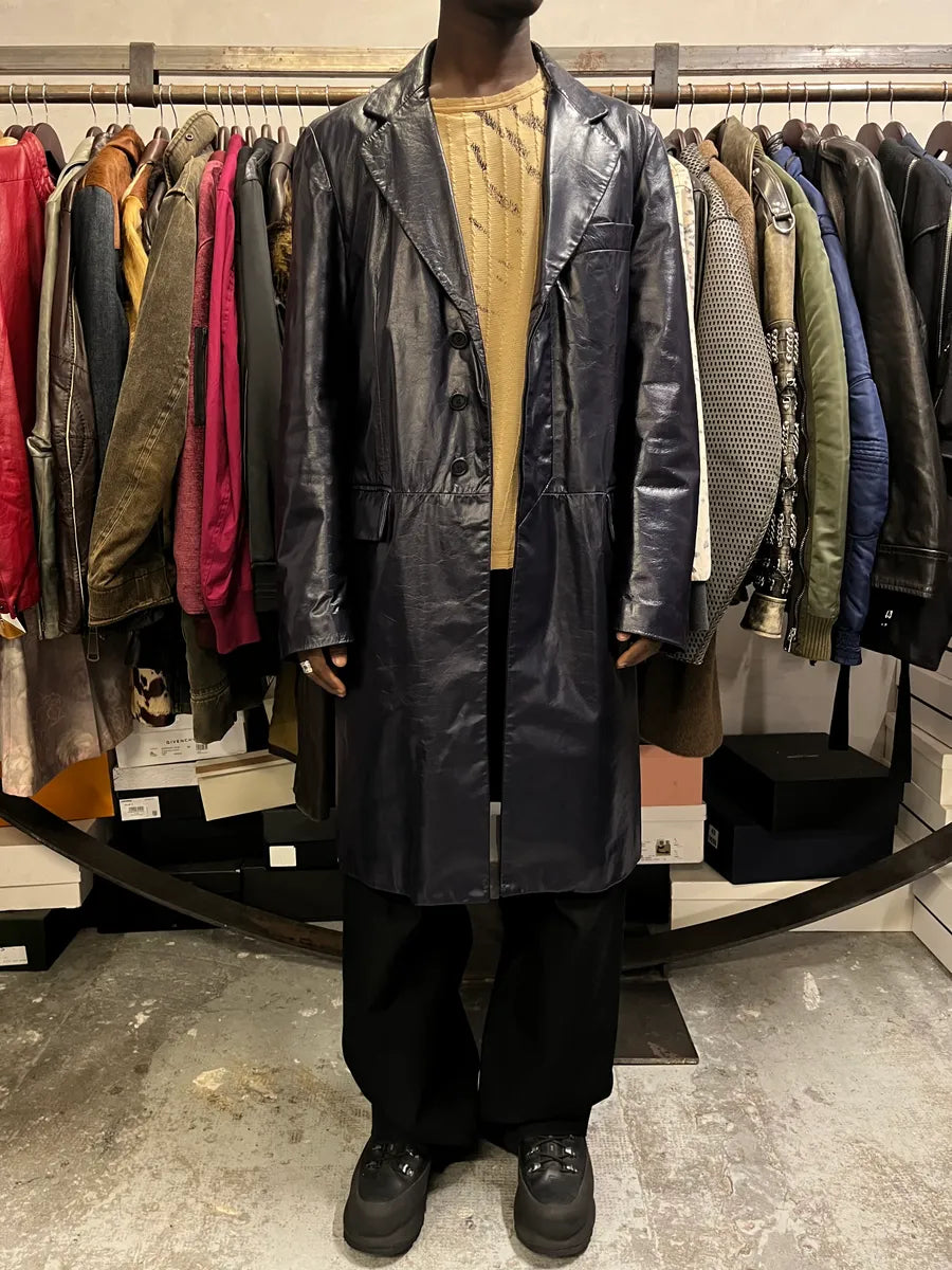 FW1997 Dolce & Gabbana Navy Pure Leather Suit Long Jacket xJWCJrr 1