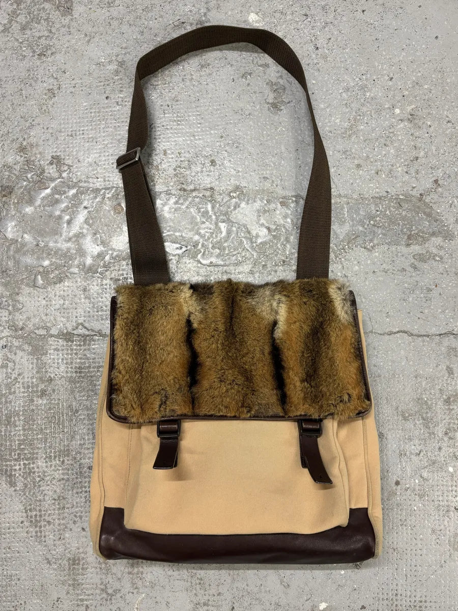 FW1999 Prada Beige Canvas & Brown Leather Fur Shoulder Bag pVHVLgj 0