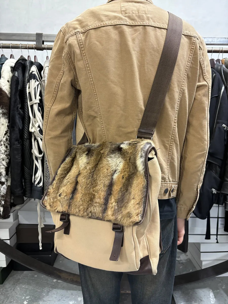 FW1999 Prada Beige Canvas & Brown Leather Fur Shoulder Bag FW1999 Prada Beige Canvas & Brown Leather Fur Shoulder Bag
