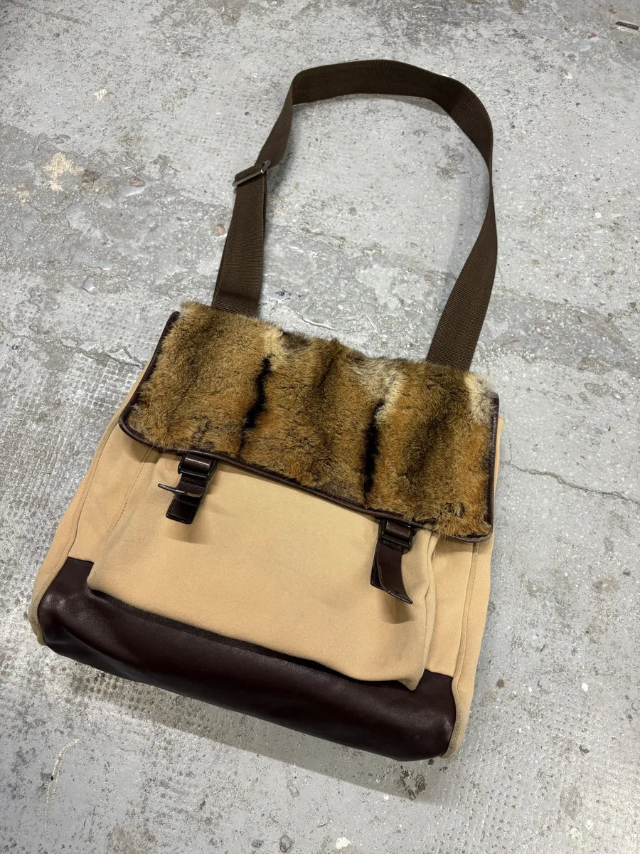 FW1999 Prada Beige Canvas & Brown Leather Fur Shoulder Bag pVHVLgj 12