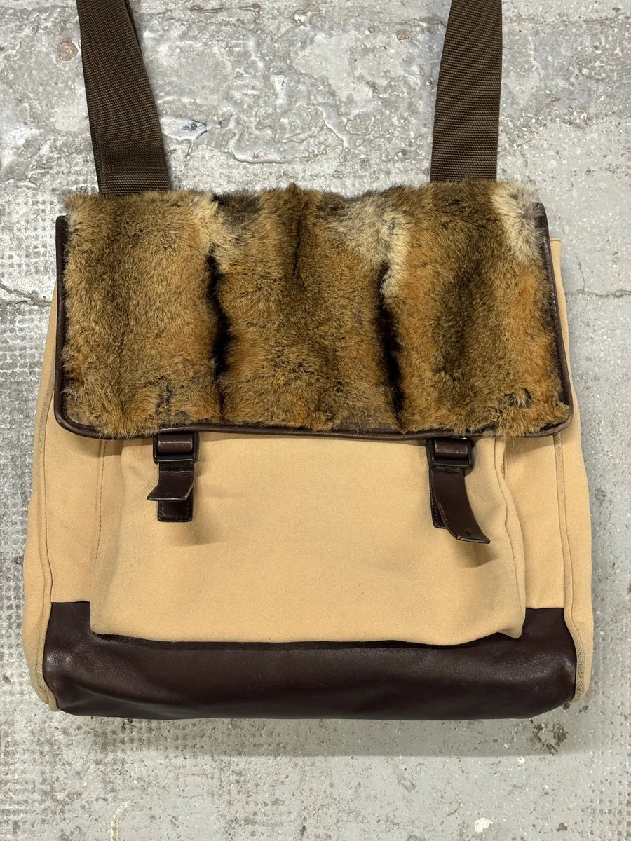 FW1999 Prada Beige Canvas & Brown Leather Fur Shoulder Bag FW1999 Prada Beige Canvas & Brown Leather Fur Shoulder Bag