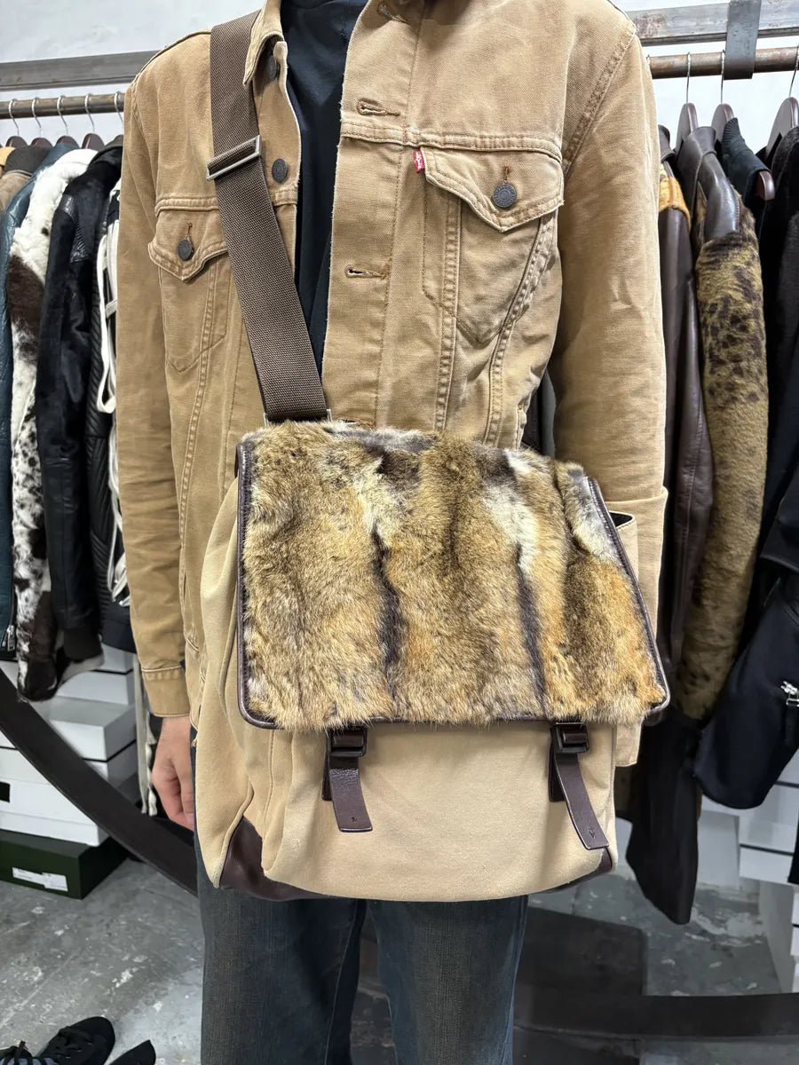 FW1999 Prada Beige Canvas & Brown Leather Fur Shoulder Bag pVHVLgj 2