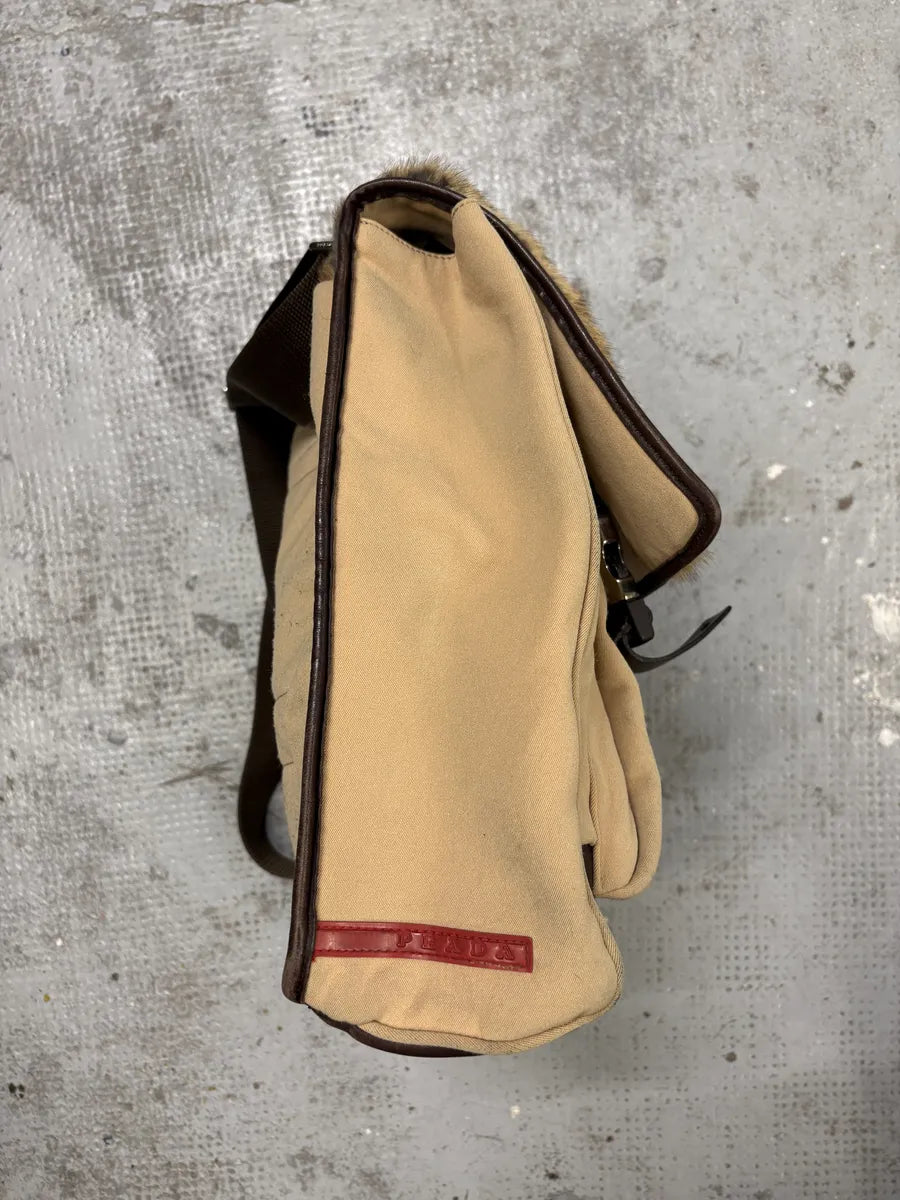 FW1999 Prada Beige Canvas & Brown Leather Fur Shoulder Bag pVHVLgj 4