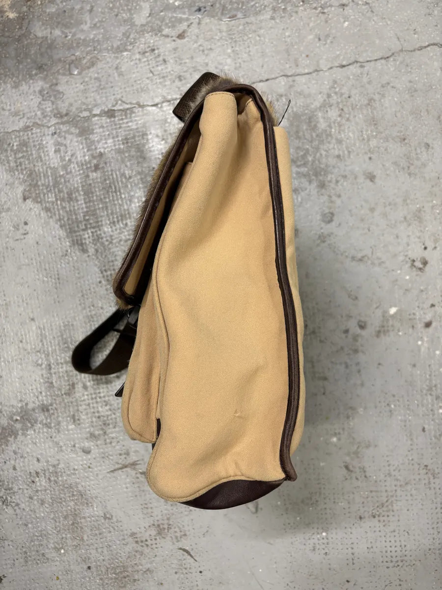 FW1999 Prada Beige Canvas & Brown Leather Fur Shoulder Bag pVHVLgj 5