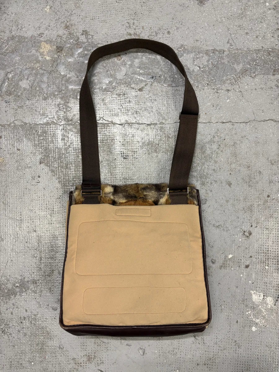 FW1999 Prada Beige Canvas & Brown Leather Fur Shoulder Bag pVHVLgj 6