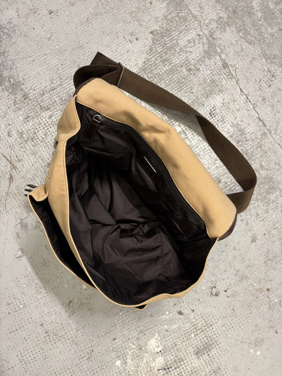 FW1999 Prada Beige Canvas & Brown Leather Fur Shoulder Bag pVHVLgj 7