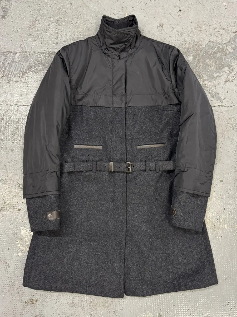 FW1999 Prada Black & Grey Hybrid Nylon-Wool Long Coat mXMHaDX 0