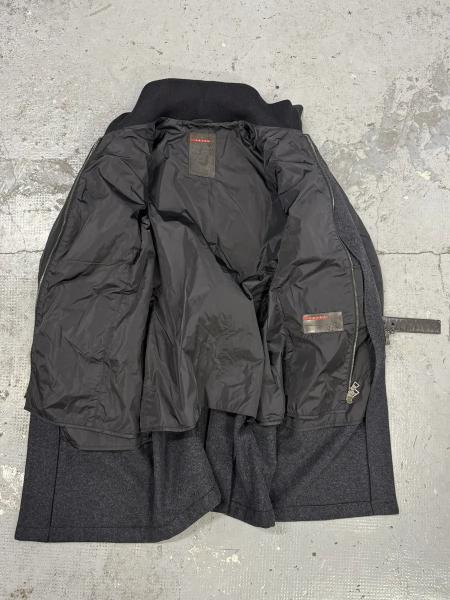 FW1999 Prada Black & Grey Hybrid Nylon-Wool Long Coat mXMHaDX 6