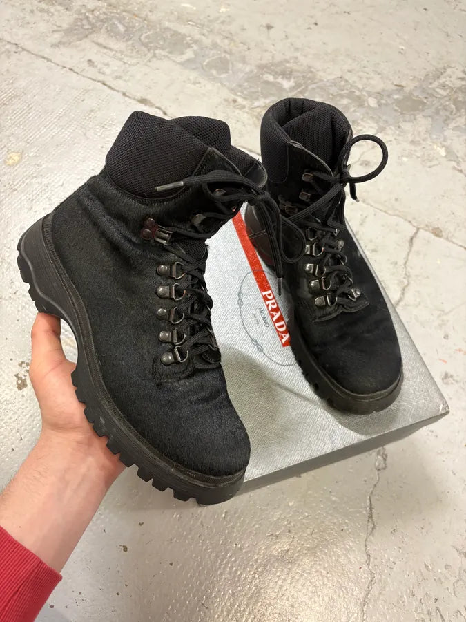 FW1999 Prada Black High Ponyhair Leather Vibram Boots IDhRRCy 0