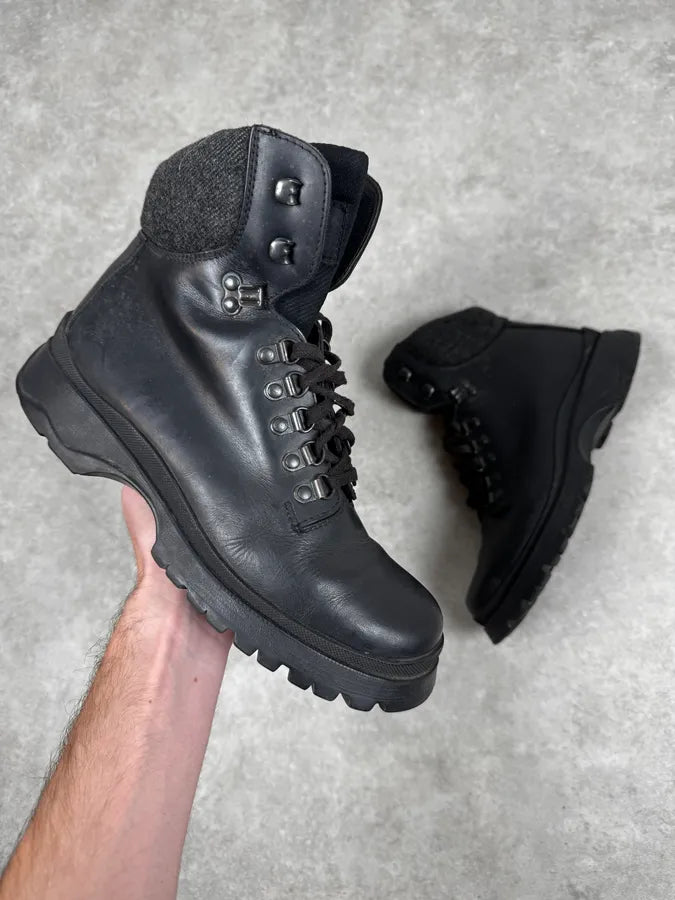 FW1999 Prada Black Leather Vibram Hiking Boots FaHcZlA 0