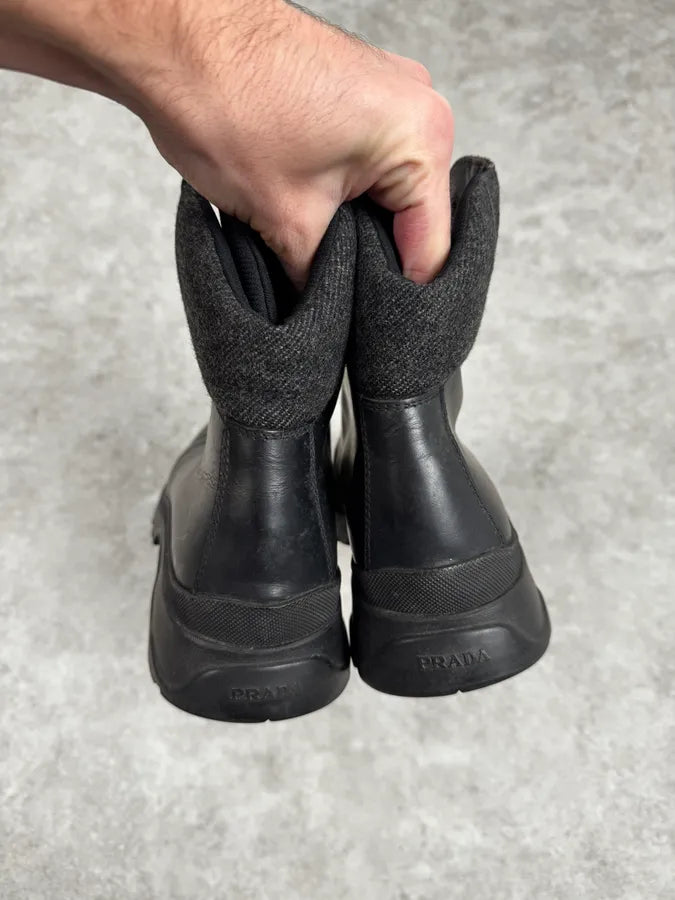 FW1999 Prada Black Leather Vibram Hiking Boots FaHcZlA 3