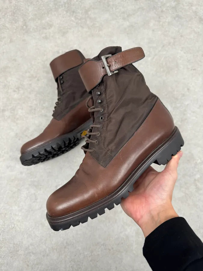 FW1999 Prada Brown Leather High Ankle Military Boots LvgLwdF 0