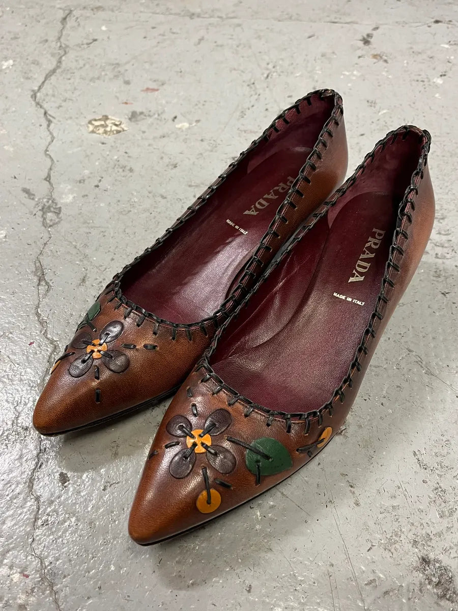 FW1999 Prada Brown Leaves Pumps iZZtdfH 1