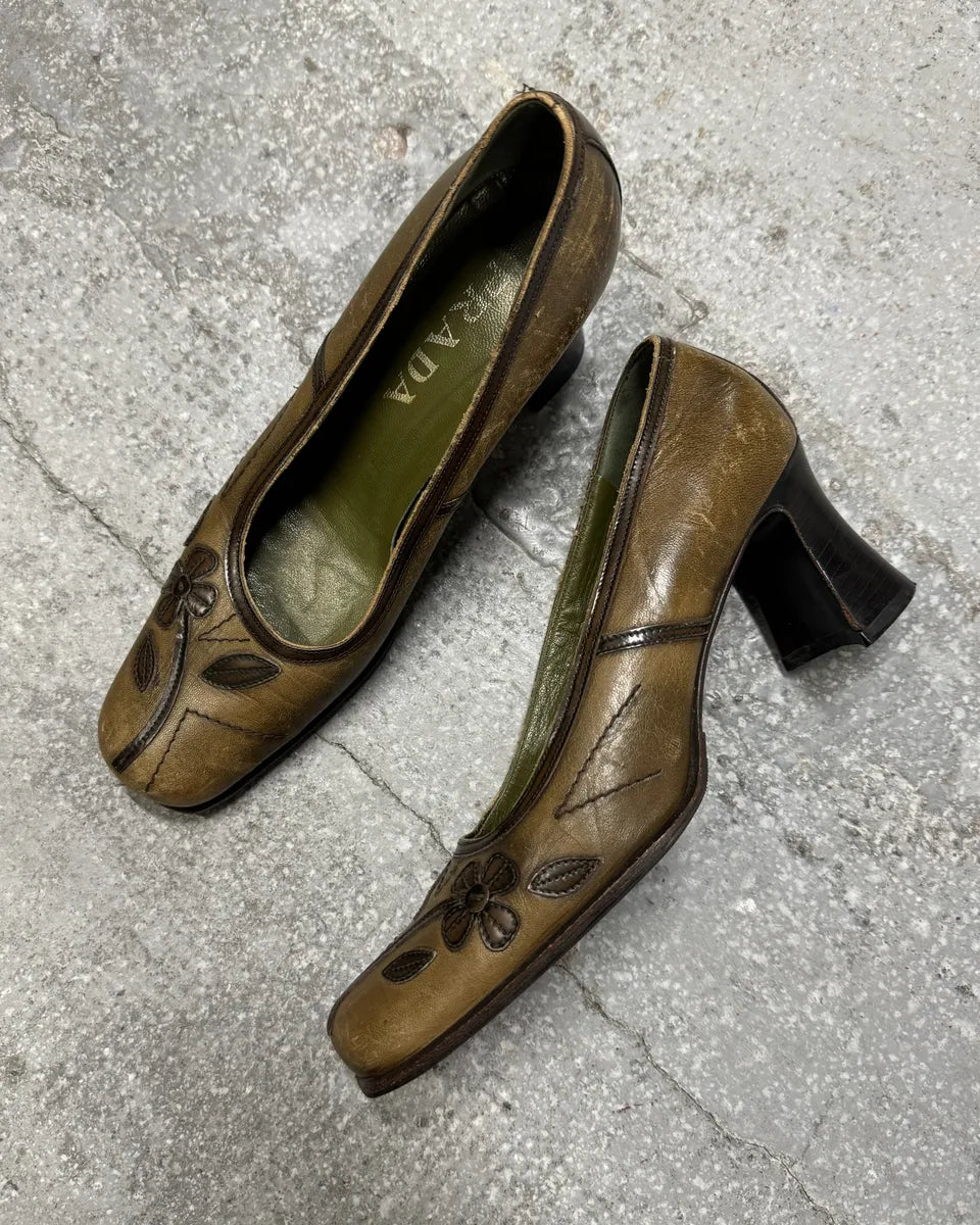 FW1999 Prada Brown Mary Janes Leafes Heels kSkKjfG 1