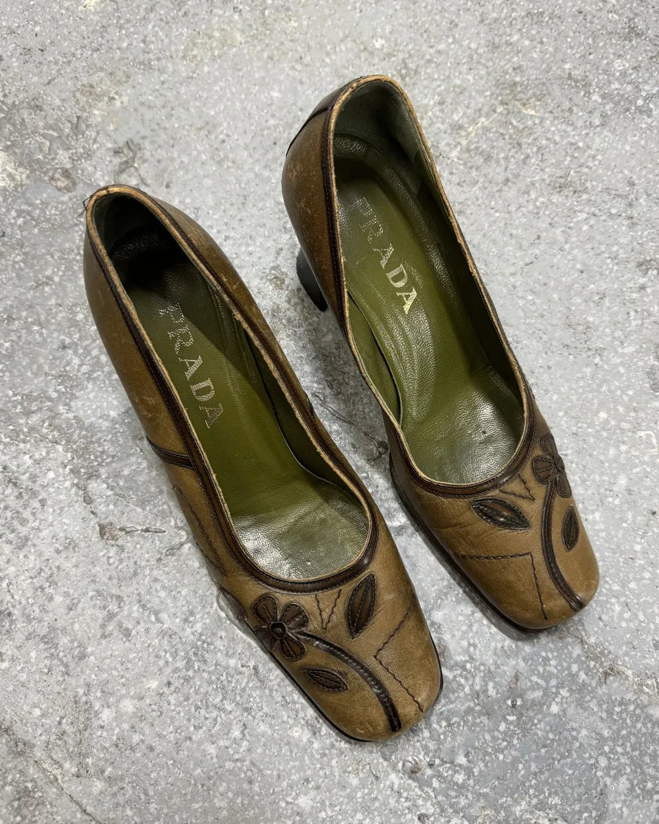 FW1999 Prada Brown Mary Janes Leafes Heels kSkKjfG 6