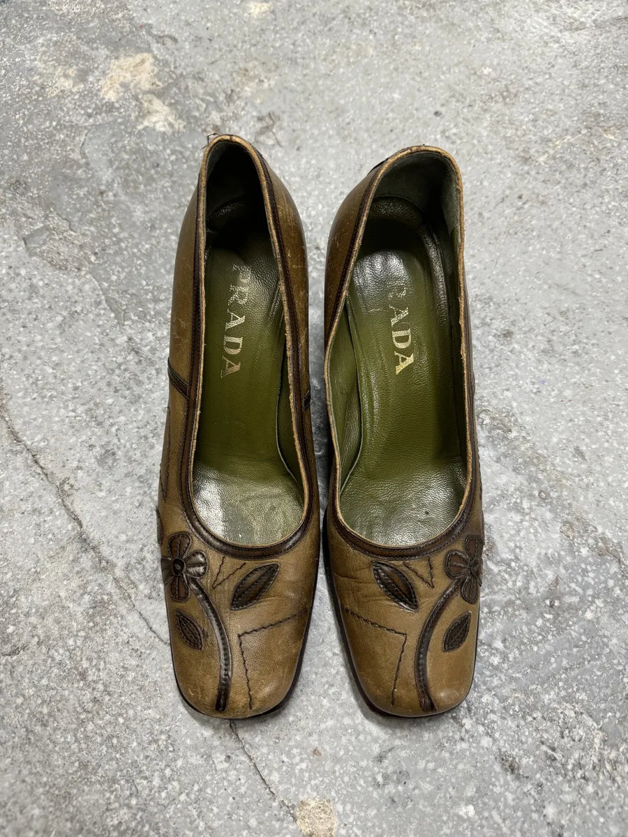 FW1999 Prada Brown Mary Janes Leafes Heels kSkKjfG 3