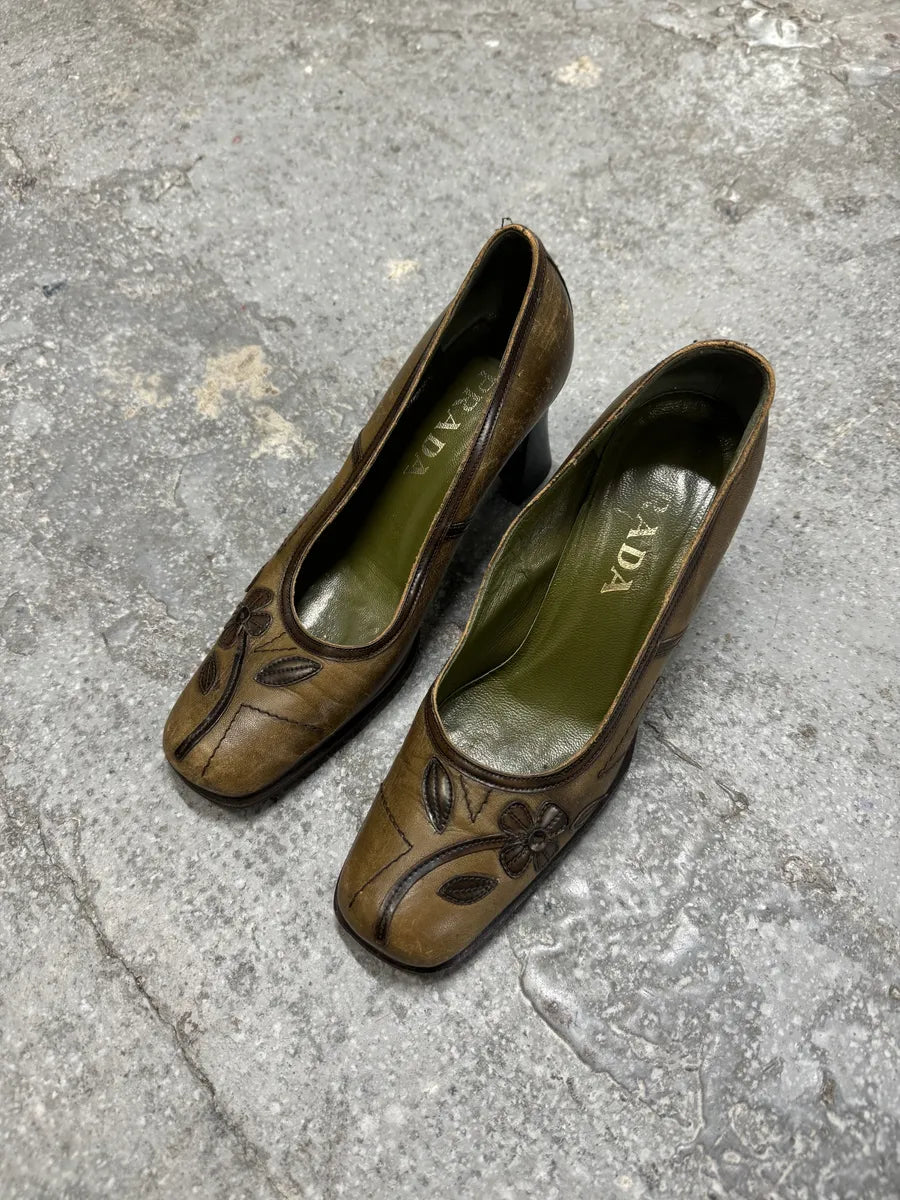 FW1999 Prada Brown Mary Janes Leafes Heels kSkKjfG 7