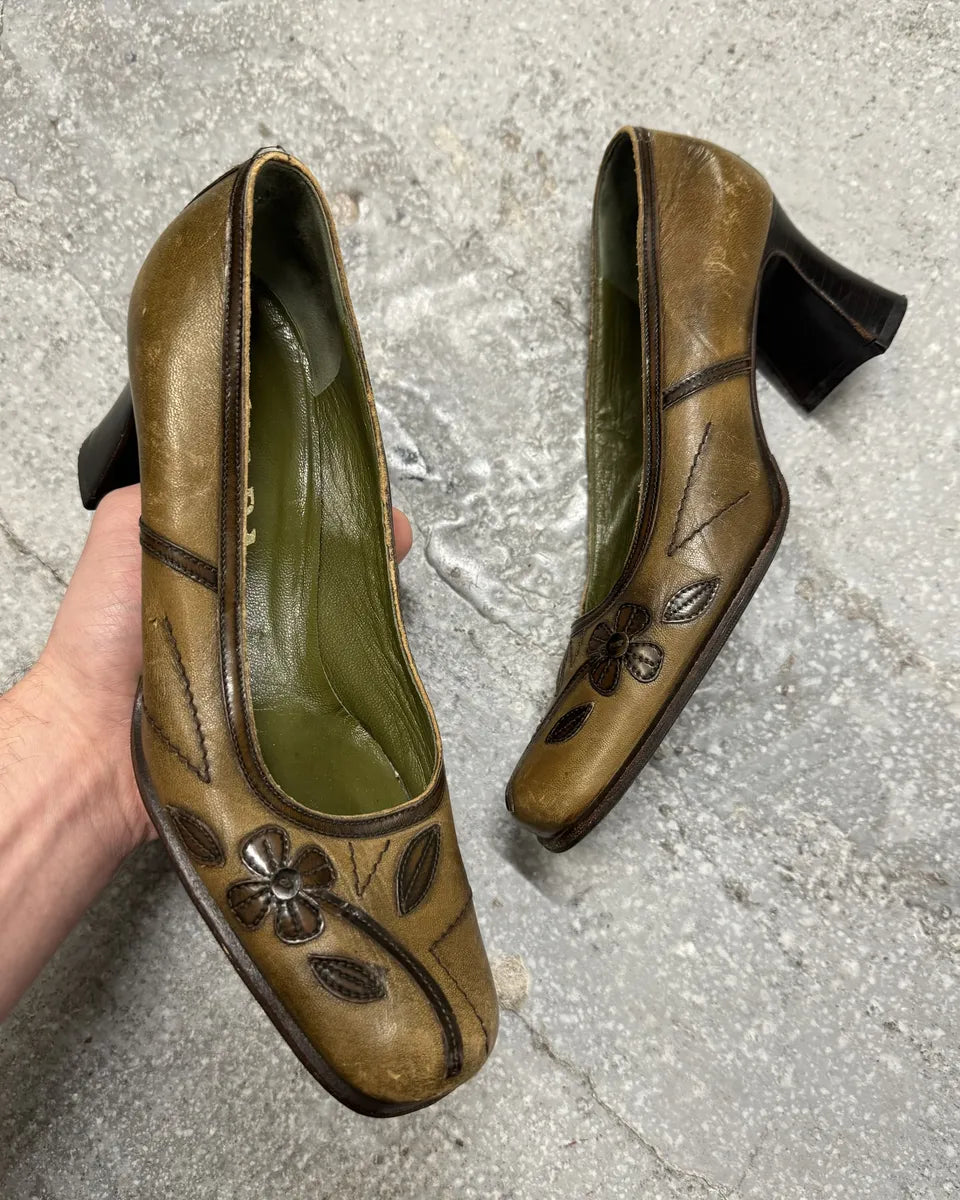FW1999 Prada Brown Mary Janes Leafes Heels kSkKjfG 0