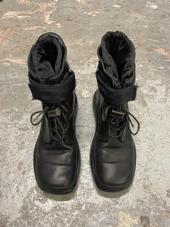 FW1999 Prada Combat Straps Black Leather Boots ElqNXZN 1