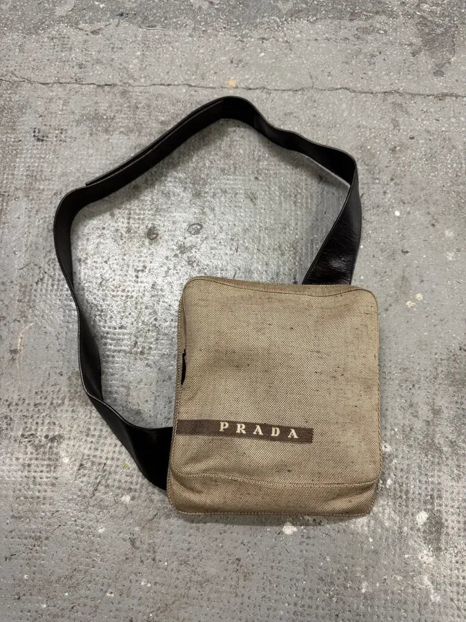 FW1999 Prada Crossbody Beige Linen & Leather Bag BfIfkUC 0