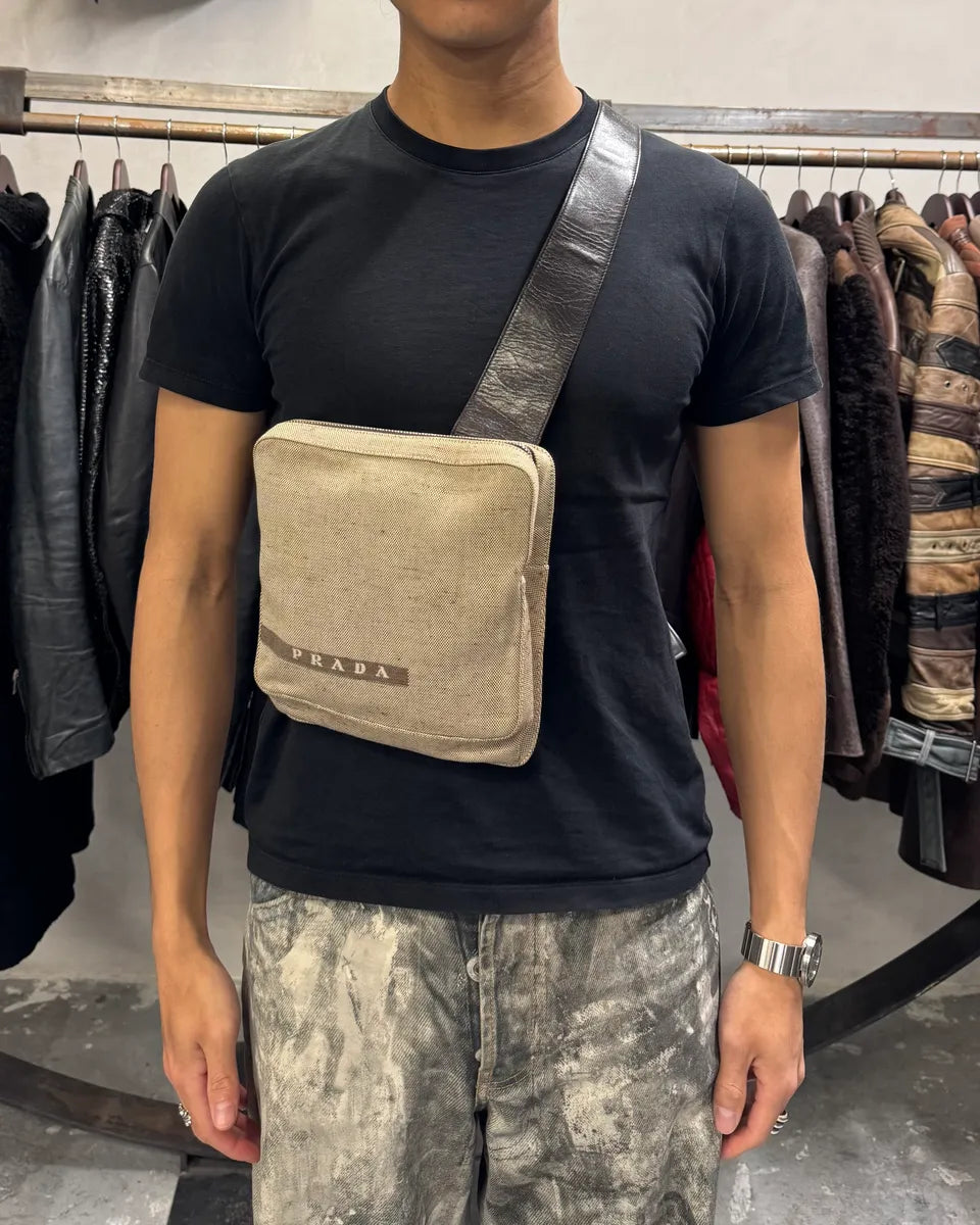 FW1999 Prada Crossbody Beige Linen & Leather Bag BfIfkUC 1