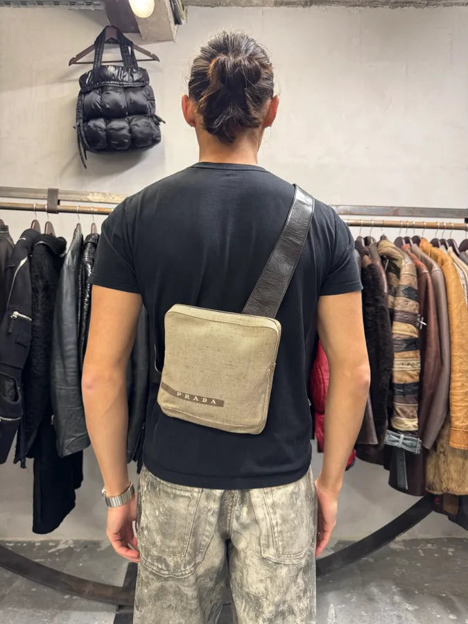 FW1999 Prada Crossbody Beige Linen & Leather Bag BfIfkUC 2