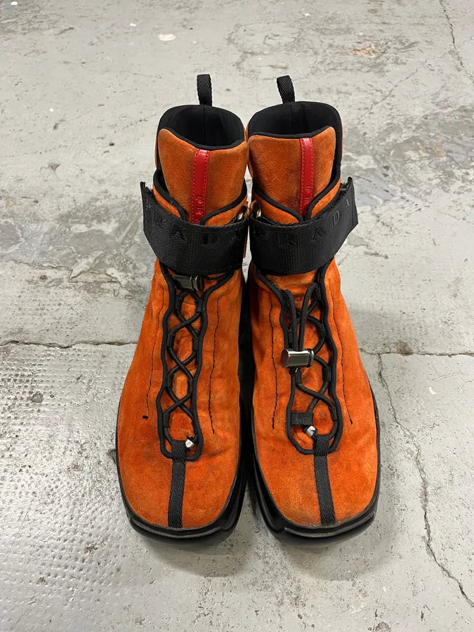 FW1999 Prada Orange & Black High Suede Leather Sneakers MZytBsD 4