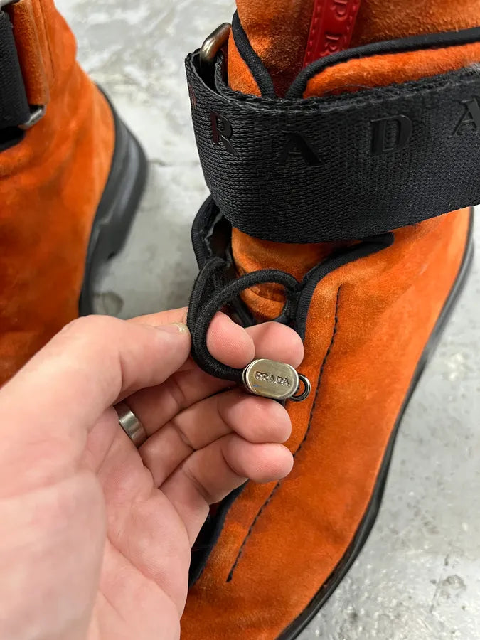 FW1999 Prada Orange & Black High Suede Leather Sneakers MZytBsD 7