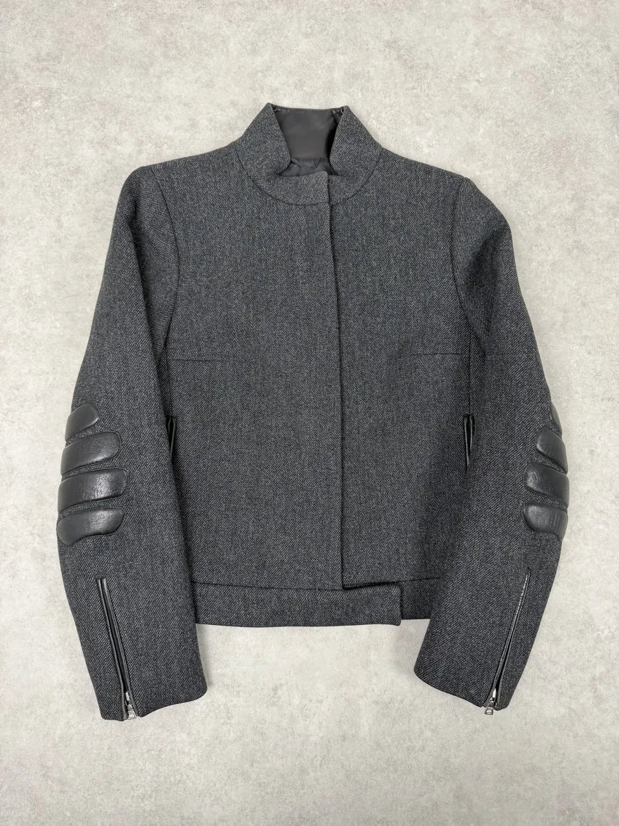 FW1999 Prada Padded Grey Wool Black Leather Biker Jacket eORiEmM 0