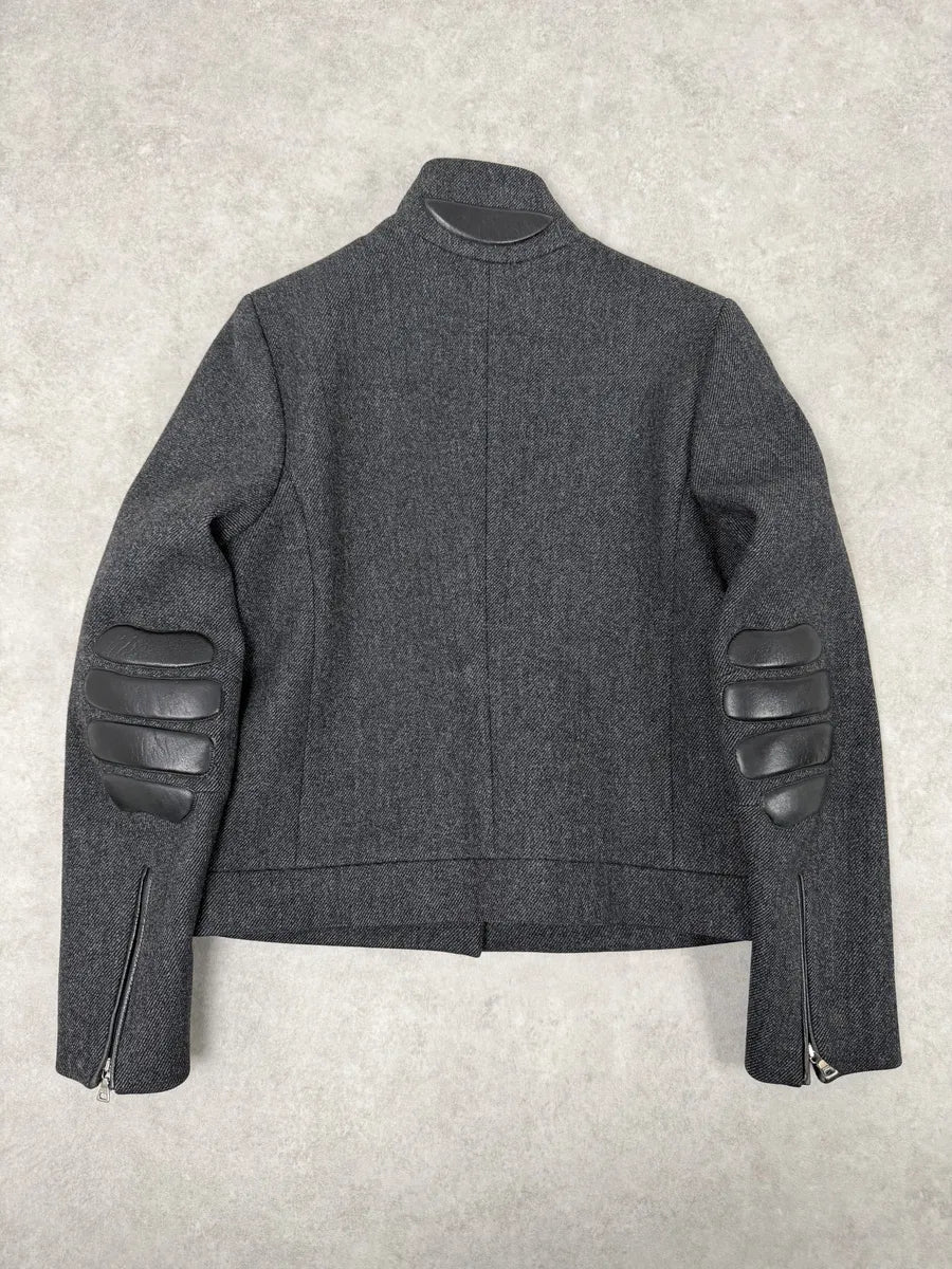 FW1999 Prada Padded Grey Wool Black Leather Biker Jacket eORiEmM 1