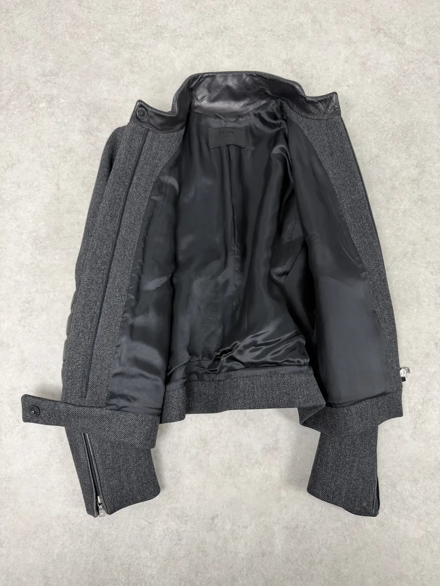 FW1999 Prada Padded Grey Wool Black Leather Biker Jacket eORiEmM 2