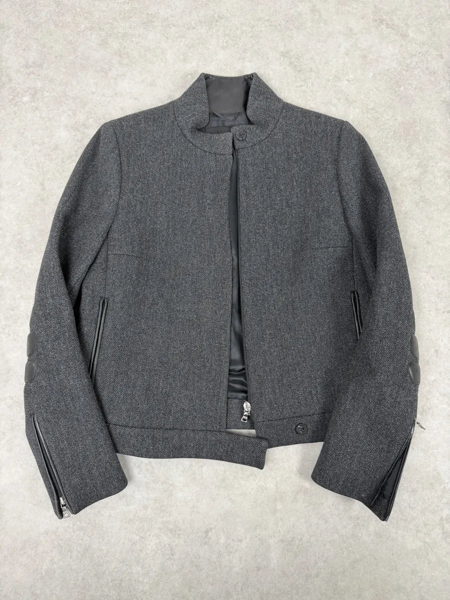 FW1999 Prada Padded Grey Wool Black Leather Biker Jacket eORiEmM 3