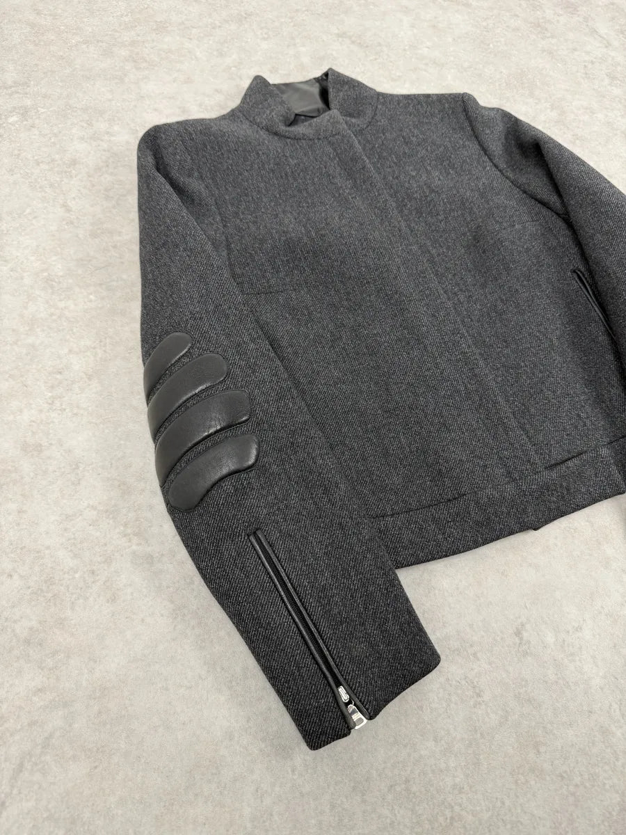 FW1999 Prada Padded Grey Wool Black Leather Biker Jacket eORiEmM 4