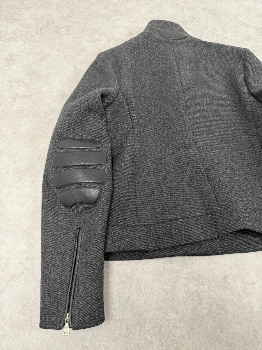 FW1999 Prada Padded Grey Wool Black Leather Biker Jacket eORiEmM 5