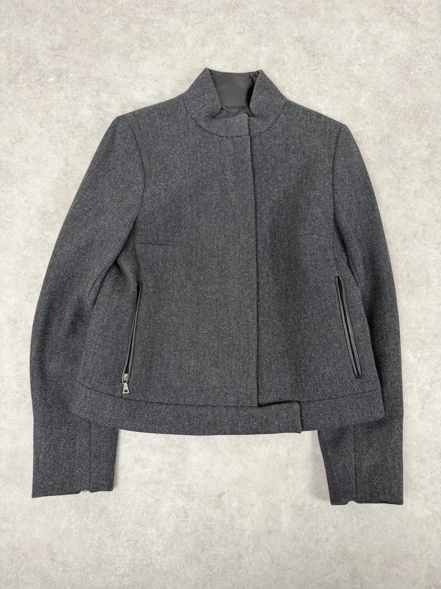 FW1999 Prada Padded Grey Wool Black Leather Biker Jacket eORiEmM 6