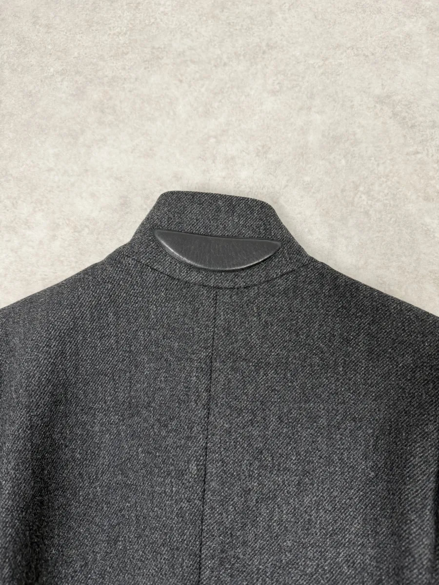 FW1999 Prada Padded Grey Wool Black Leather Biker Jacket eORiEmM 7