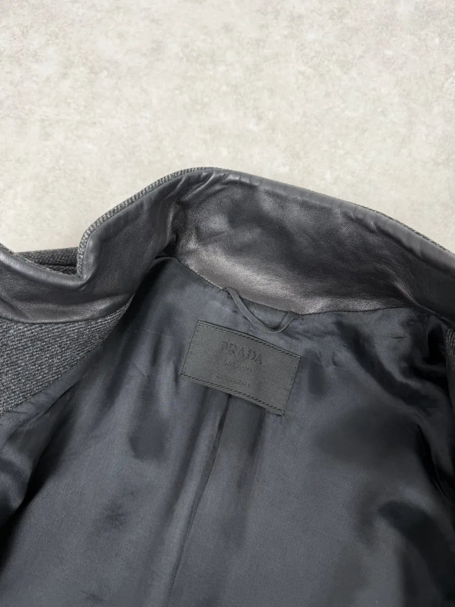 FW1999 Prada Padded Grey Wool Black Leather Biker Jacket eORiEmM 8