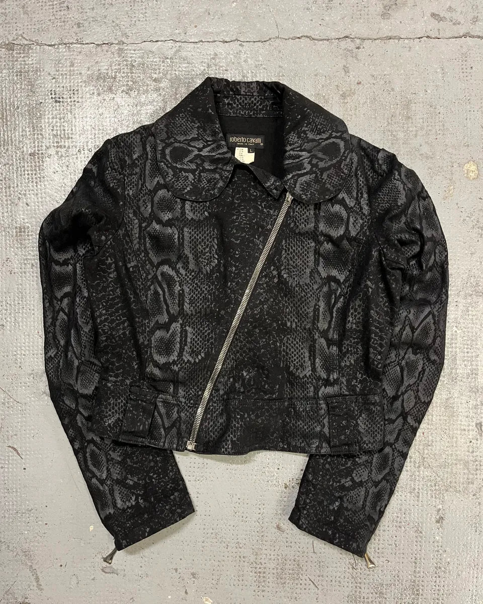 FW1999 Roberto Cavalli Black Obscure Leopard Print Biker Jacket keTHfEA 0