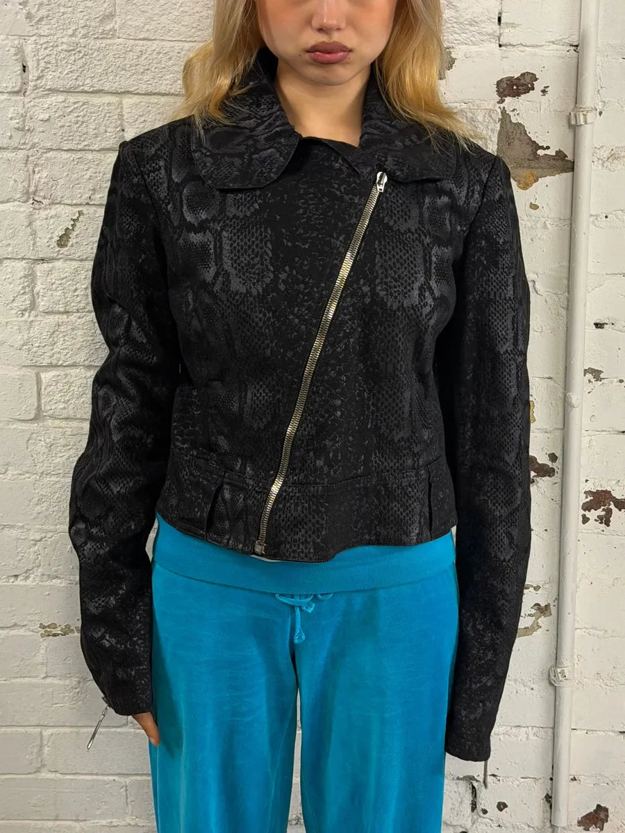 FW1999 Roberto Cavalli Black Obscure Leopard Print Biker Jacket keTHfEA 1