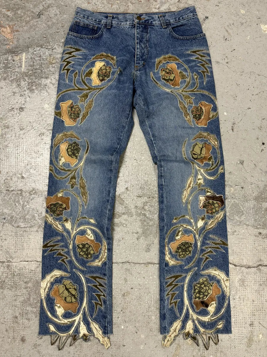 FW1999 Roberto Cavalli Blue Embroidered Flowers Denim Jeans edURzRT 0