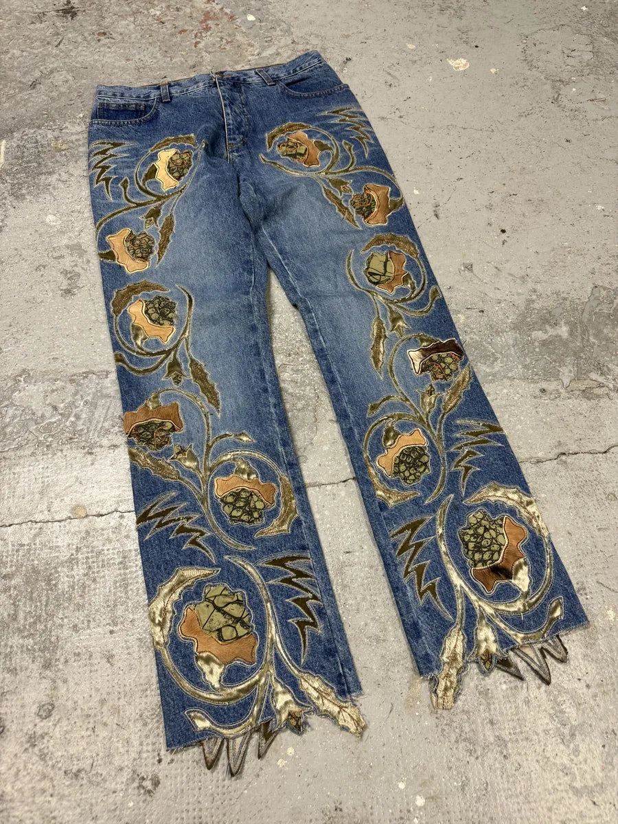 FW1999 Roberto Cavalli Blue Embroidered Flowers Denim Jeans edURzRT 4