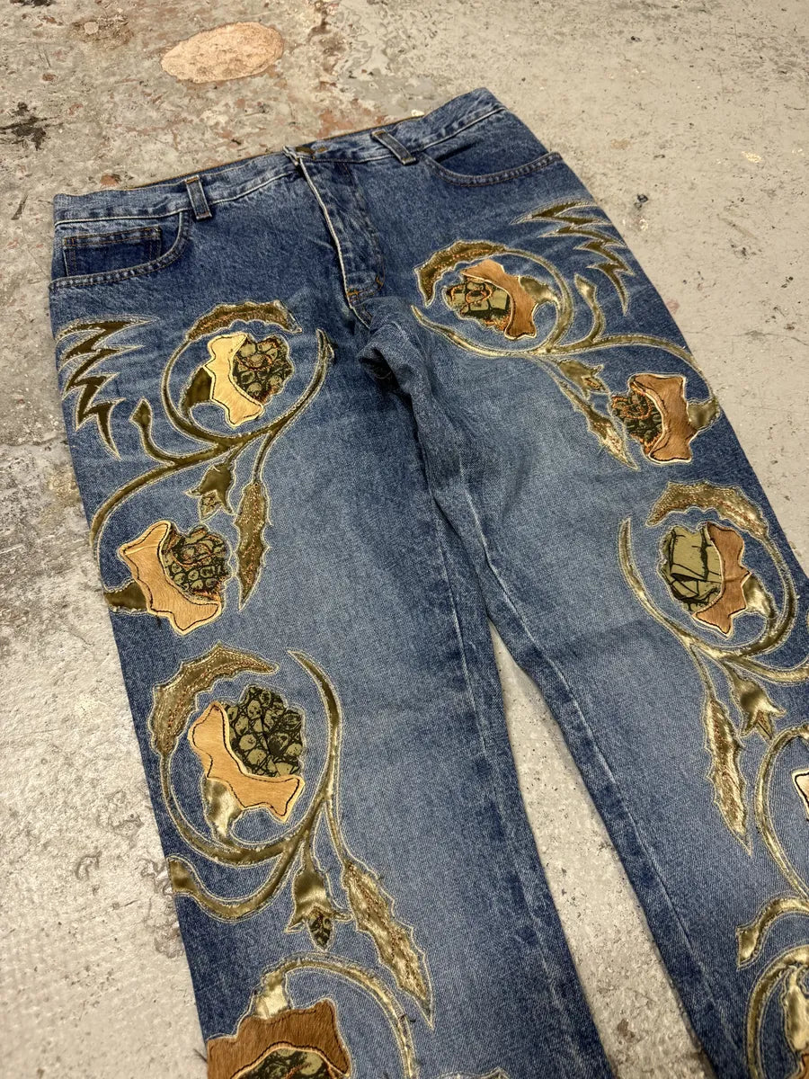 FW1999 Roberto Cavalli Blue Embroidered Flowers Denim Jeans edURzRT 6
