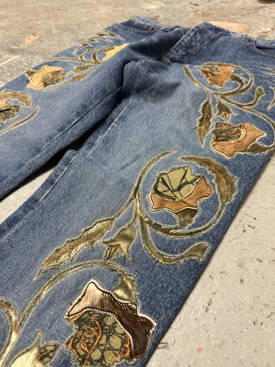 FW1999 Roberto Cavalli Blue Embroidered Flowers Denim Jeans edURzRT 9