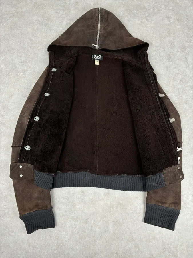 AW2004 Dolce & Gabbana Shearling Hooded Suede Bomber Jacket TlGLHCk 6