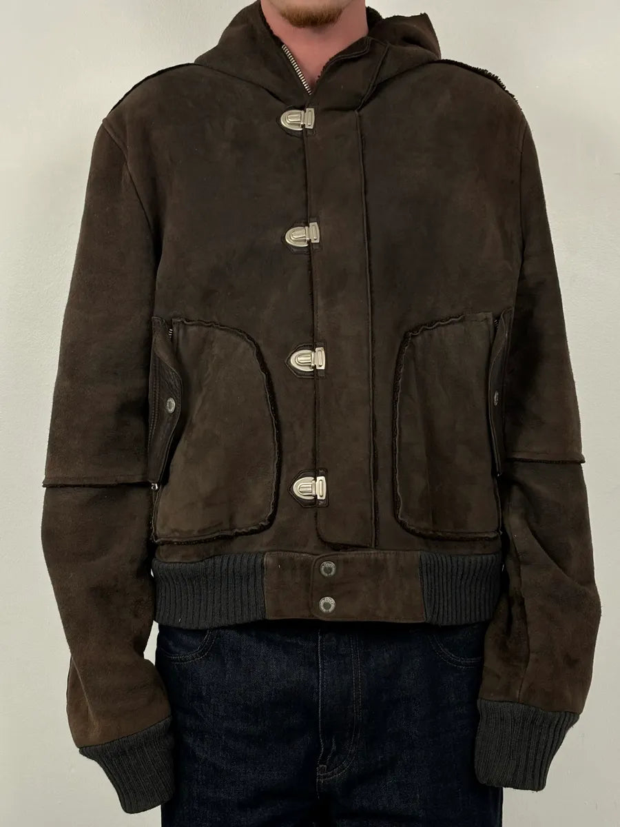 AW2004 Dolce & Gabbana Shearling Hooded Suede Bomber Jacket TlGLHCk 1